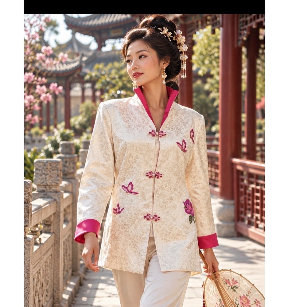 Vtg 90's Chinese Brocade Jacket Cream Pink Butterfly Floral Mandarin Collar XXL